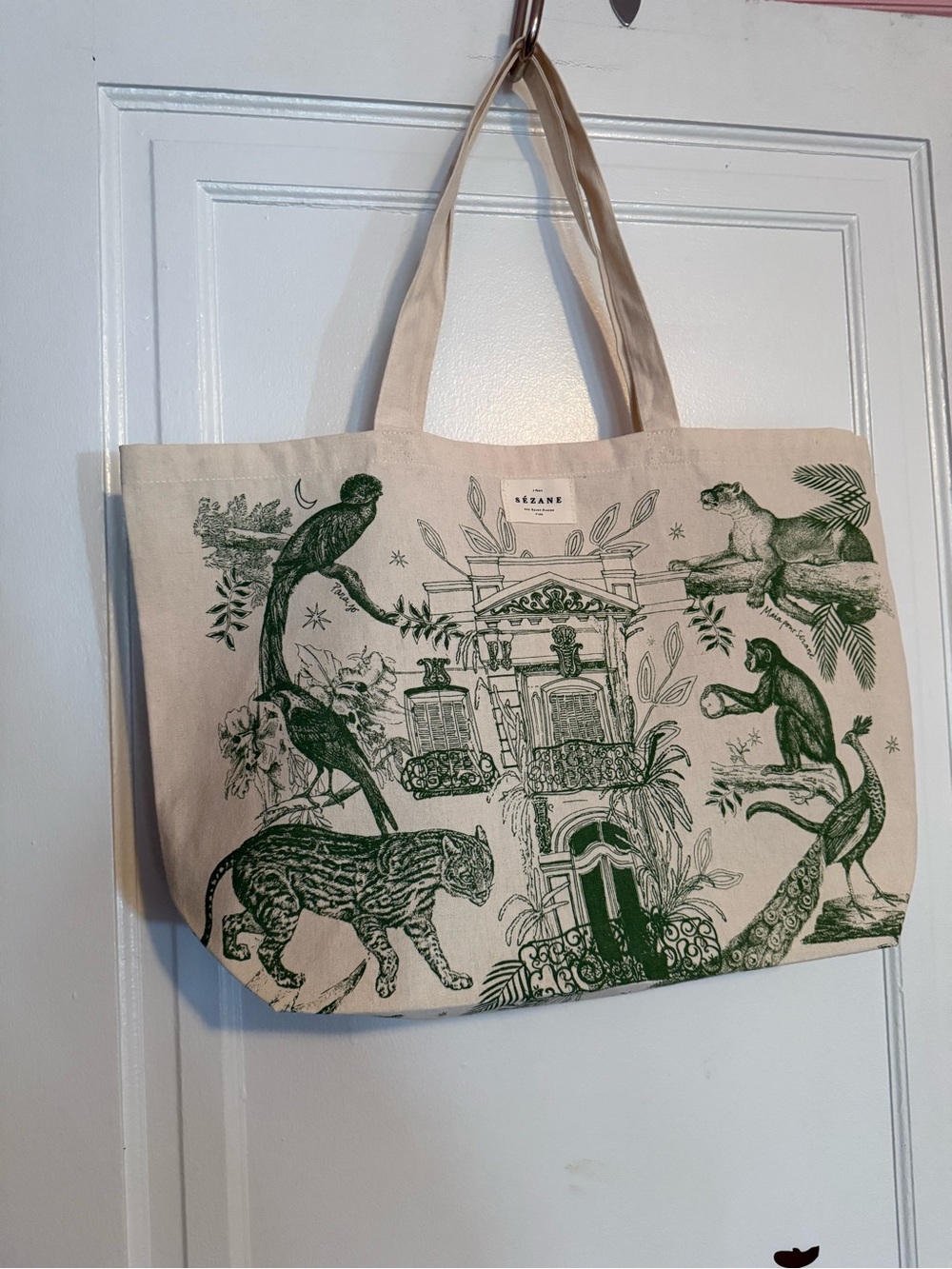 Sézane Beige Canvas Tote with Green Jungle Motif